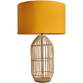 Image of Large Natural Rattan Table Lamp With Fabric Lampshade - Mustard - No Bulb