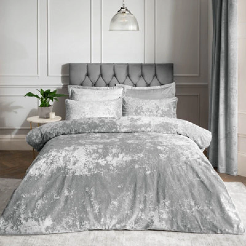 Image of Catherine Lansfield Bedding Crushed Velvet Duvet Cover Set With Pillowcases Silver Grey