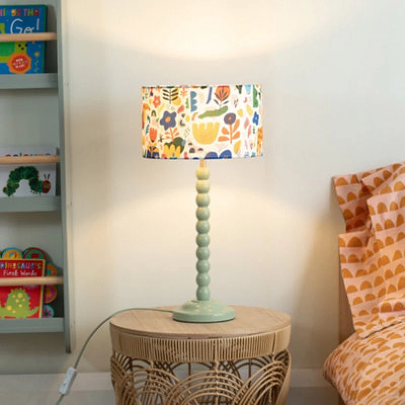 Image of ValueLights Bobbins Sage Green Table Lamp with Fabric Jungle Drum Lamp Shade Multi
