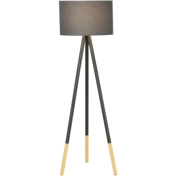 image of Stylish Steel Tripod Floor Lamp Fabric Lampshade Wood Accents Switch Grey - Homcom