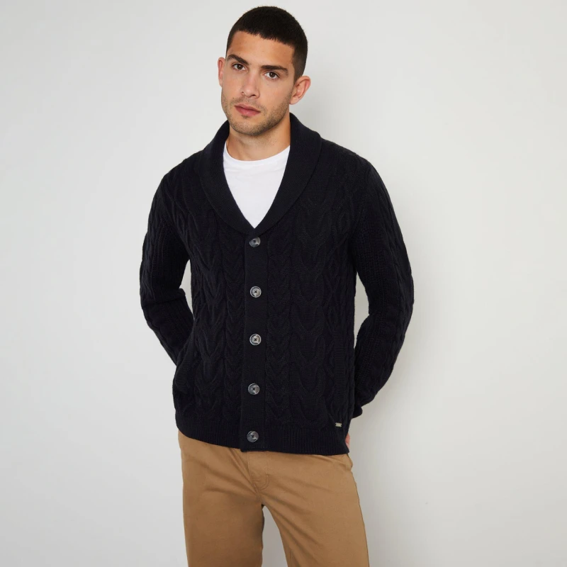 Image of Threadbare 'Finchley' Cable Knit Shawl Collar Cardigan With Wool Navy
