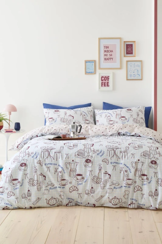 Image of Fusion 'Coffee Club' Easy Care Duvet Cover Set in Blue Size: Single Blue Unisex Single
