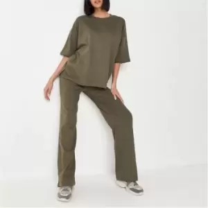 image of Missguided Rib T Shirt and Wide Leg Trousers Co Ord Set - Green