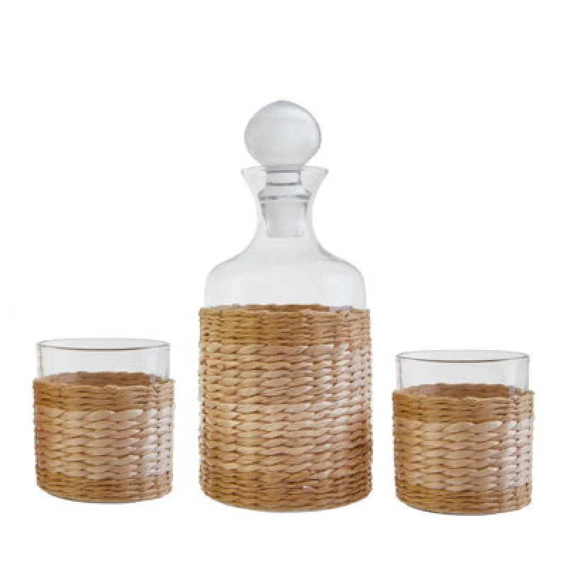 Image of Orsina Rattan Wrapped Glass Decanter & Glasses Set, 1000Ml Decanter With Round Knob Stopper, Whiskey Decanter Set