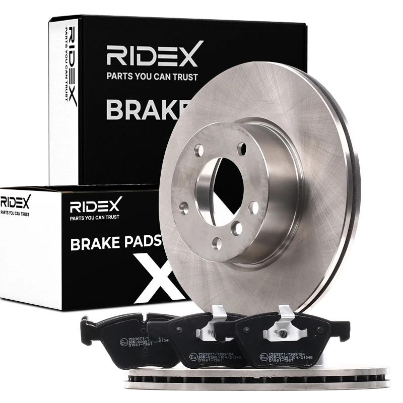 Image of RIDEX 3405B0849 Brake disc and pads set without accessories, Front Axle, Brake Disc Type: internally vented, prepared for wear warning indicator, with