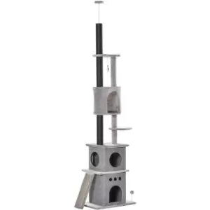 Image of PawHut 255cm Floor To Ceiling Cat Tree for Indoor Cats Climber Scratching Post Adjustable Height Play Tower Removable Cover Grey