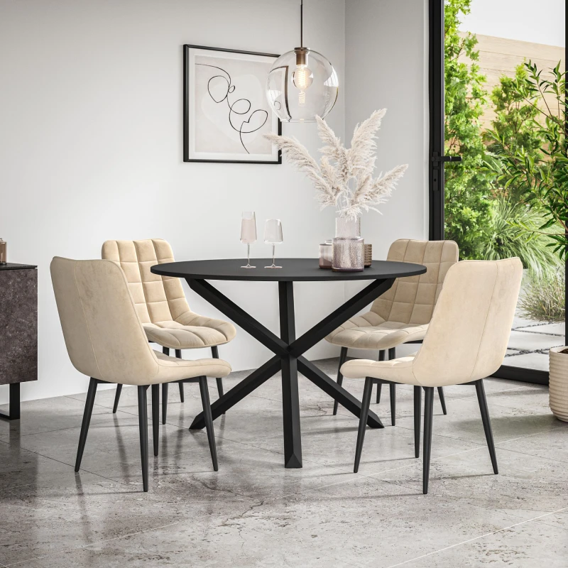 Image of More4Homes Malvern Round Dining Table And Chairs - Black Table Top W Solid Black Oak Legs + Nova Velvet Dining Chair Set Of 4 (Beige)