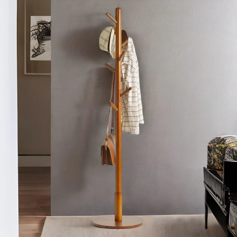 Image of Rafaelo Mobilia Adjustable Wooden 8 Hook Coat Stand With Round Base in Brown Brown Unisex