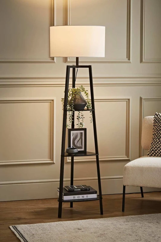 Image of ValueLights Hiru Black 3 Tier Wooden Shelf Floor Lamp With Large White Shade White