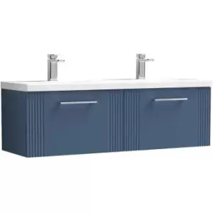 image of Nuie Deco Satin Blue 1200mm Wall Hung 2 Drawer Vanity Unit with Twin Polymarble Basin - DPF394F - Satin Blue