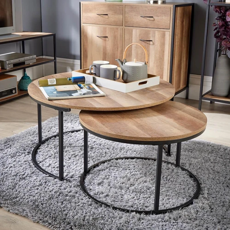 Image of Home Source Oakmere Industrial Round Nest of 2 Tables Set Light Oak unisex