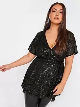 Image of Yours Sequin Wrap Top, Black, Size 16, Women