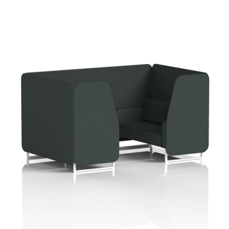 Image of Brixworth 4 Seater Office Booth with Front Panel - White Legs in Rivet Fabric - Charcoal Panels and Sofa