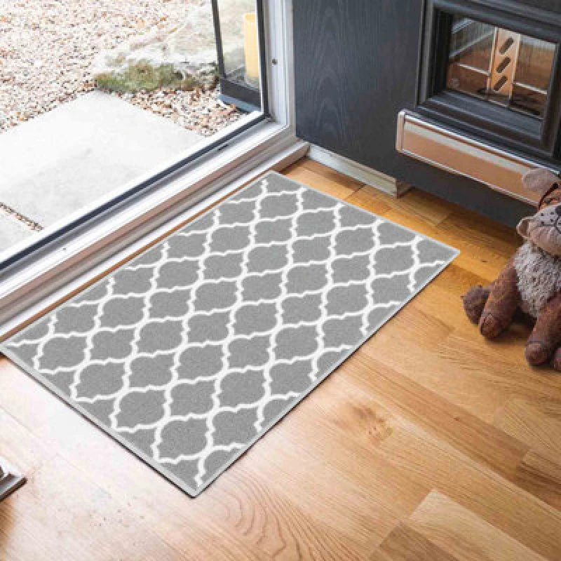 Image of Machine Washable Trellis Design Anti Slip Doormats Grey 80X150 Cm