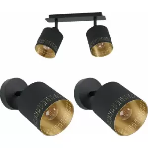 image of Twin Ceiling Spot Light & 2x Matching Wall Lights Black & Gold Shade Moving Head