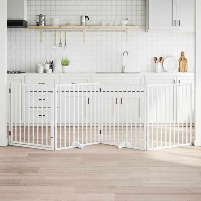 Image of vidaXL Dog Gate with Door Foldable 4 Panels White 320cm Poplar Wood, White 352187