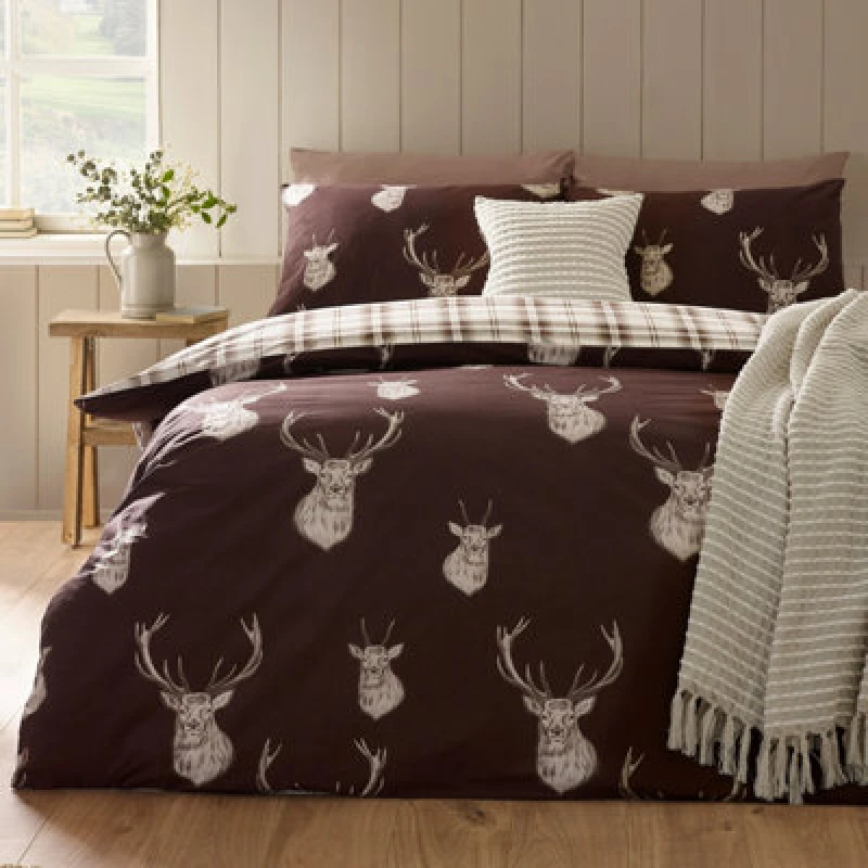 Image of Catherine Lansfield Stag Check Reversible Double Duvet Cover Set With Pillowcases Chocolate