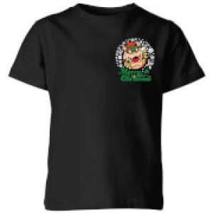 Image of Nintendo Super Mario Bowser Merry Christmas Pocket Wreath Kid's Christmas T-Shirt - Black - 11-12 Years