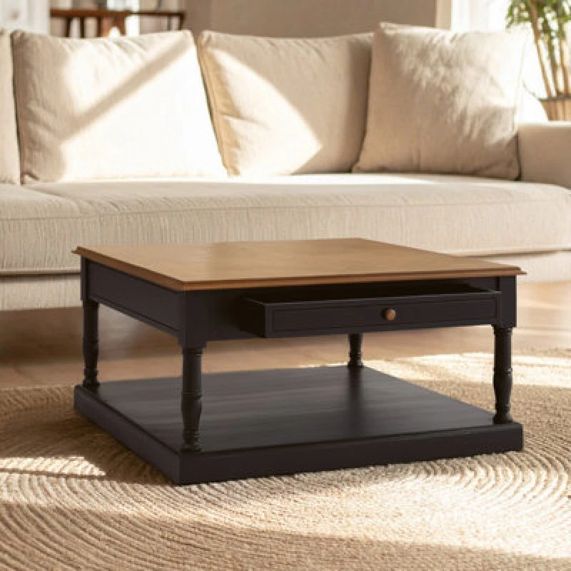 Image of Orsina Black And Natural Wood Coffee Table, 1 Drawer Square Coffee Table For Living Room, Wooden Accent Table