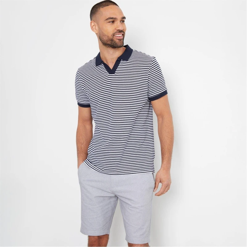 Image of Threadbare Open Collar Striped Pique Polo Shirt Navy male S