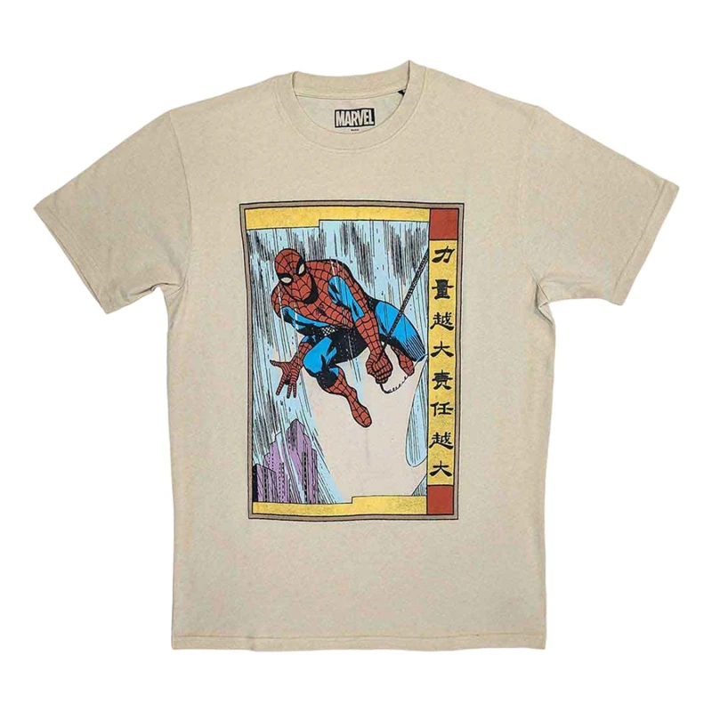 Image of Spider-Man Mens Japanese Action Pose Printed Light Sand T-Shirt Size: Large Light Sand Male L