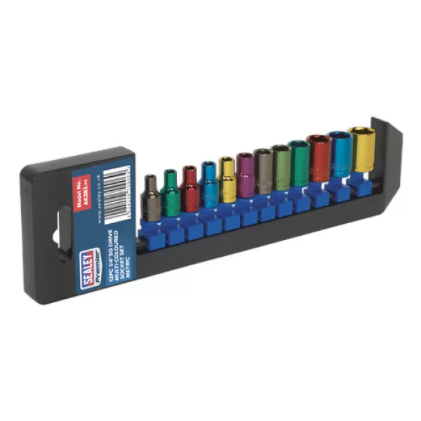 image of Sealey AK282 Multi-Coloured Socket Set 12pc 1/4Sq Drive 6pt WallDrive&#174; Metric