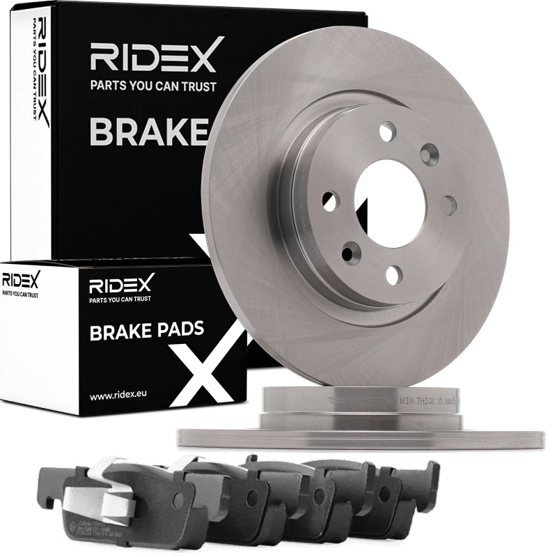 Image of RIDEX 3405B1105 Brake disc and pads set Front Axle, Brake Disc Type: Solid, not prepared for wear warning indicator, with piston clip Brake Set,disc