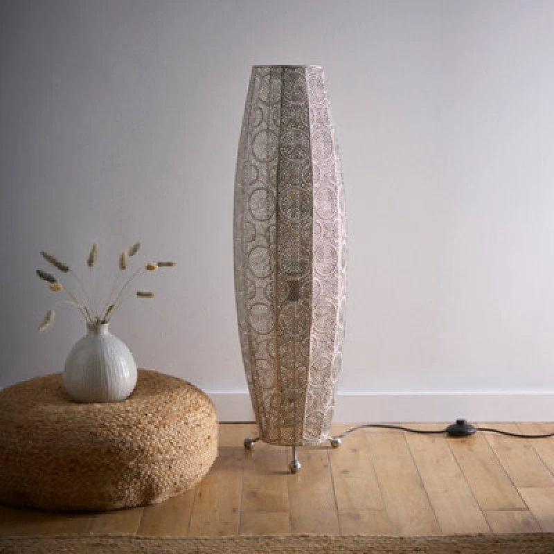 Image of K Living Aziza Floor Lamp - Moroccan Style Satin Nickel Finish With A Stunning Bulb Included
