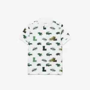Image of Kids' Lacoste Holiday Comic Effect Crocodile Print Polo Shirt Size 10 yrs White
