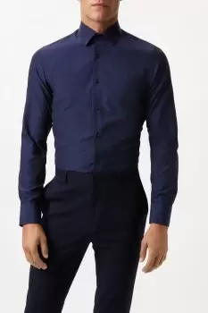 Image of Mens Navy Long Sleeve Slim Fit Tonal Spot Collar Shirt