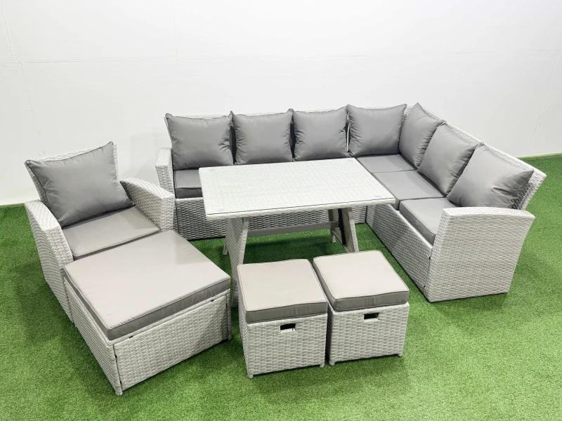 Image of Fimous 10 Seater Garden Outdoor Rattan Furniture Set Dining Table in Light Grey Light Grey Unisex