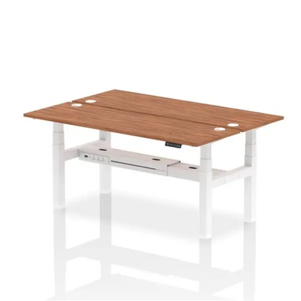 Image of Air Air Back-to-Back 1800 x 600mm Height Adjustable 2 Person Bench Desk Walnut Top with Cable Ports White Frame HASCP2P18600WNTW