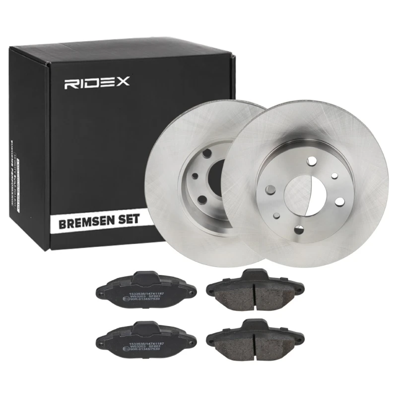 Image of RIDEX 3405B1790 Brake disc and pads set Front Axle, incl. wear warning contact, without wheel hub Brake Set,disc brakes (3405)