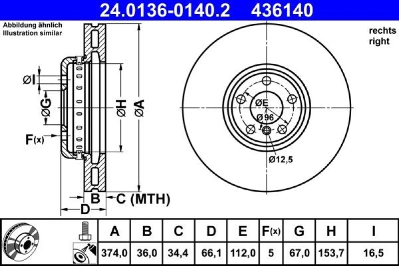 Image of Brake disc ATE 24.0136-0140.2