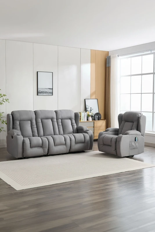 Image of More4Homes Caesar 1+3 Seater Grey Technology Fabric Modern Manual Recliner Sofa Set Grey