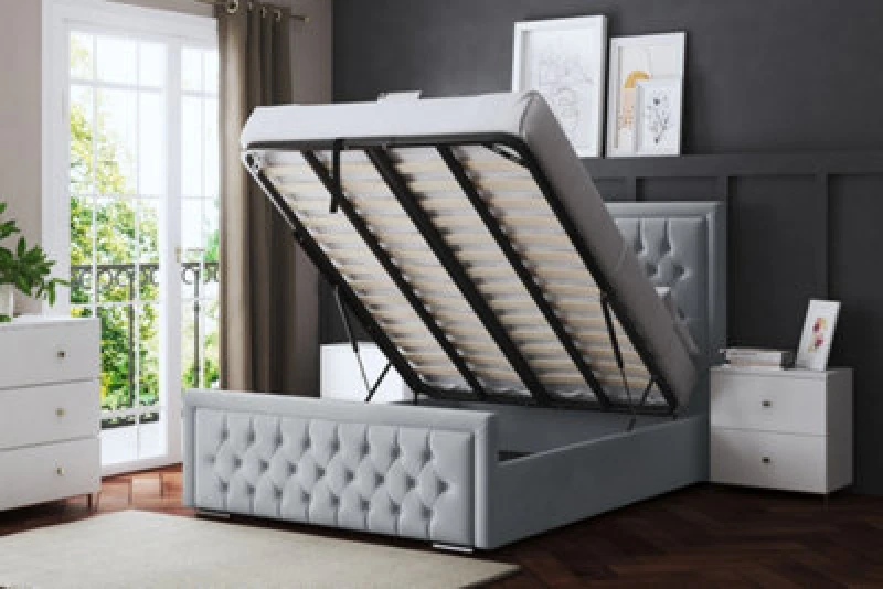 Image of DS LIVING Allegra Silver Upholstered Bed With Ottoman Metal Gas Lift Single AM_HILTONOB_SIN_SIL