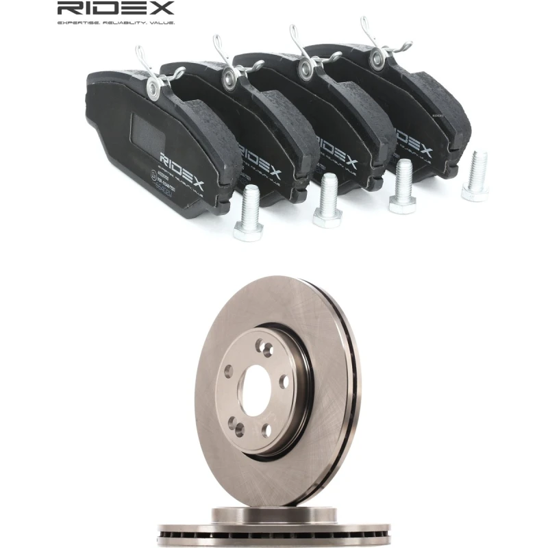 Image of RIDEX 3405B1991 Brake disc and pads set Front Axle, Brake Disc Type: Externally Vented, without acoustic wear warning Brake Set,disc brakes (3405)