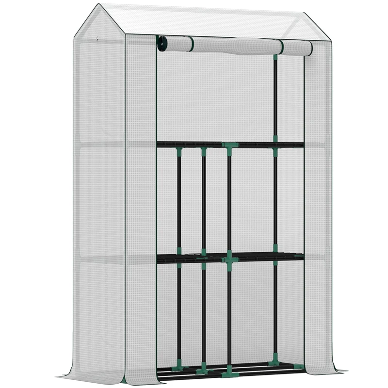 Image of Outsunny 3 Tier Mini Greenhouse with PE Cover, Roll-Up Door, White Off White
