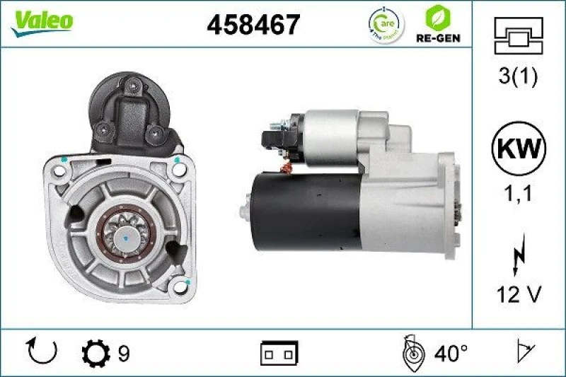 Image of VALEO 458467 Starter motor 1,1kW, 12V, Number of Teeth: 9 Starter (2)