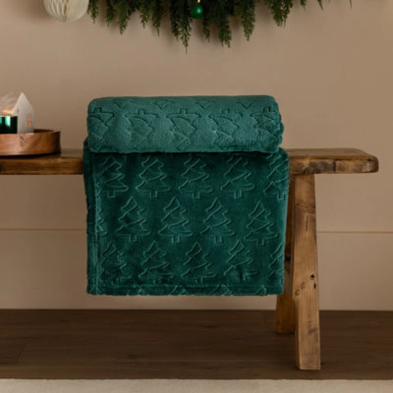 Image of Furn Furn Festive Trees Fleece Throw in Emerald Size: 140cm x 180cm Emerald 140cm x 180cm Unisex 5025532831200