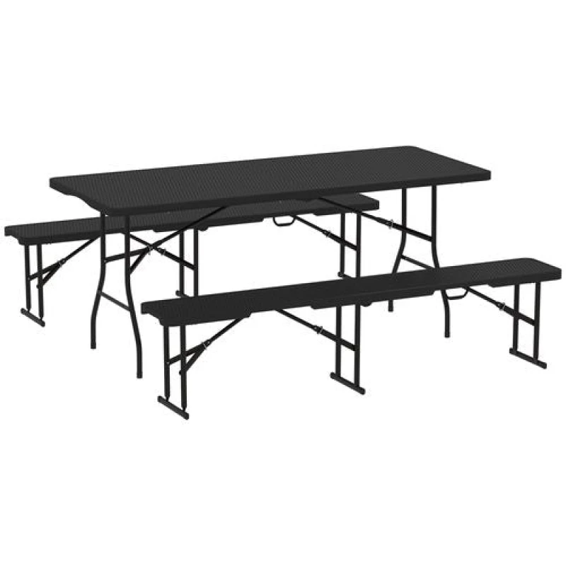 Image of Outsunny Rattan Effect Folding Picnic Table and Bench Set w/ Handles, Black Black
