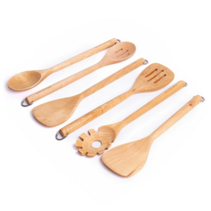 Image of KitchenAid KitchenAid 6pc Birchwood Utensil Set with Basting Spoon, Slotted Spoon, Short Turner, Solid Turner & Pasta Server in Light Oak Light Oak On