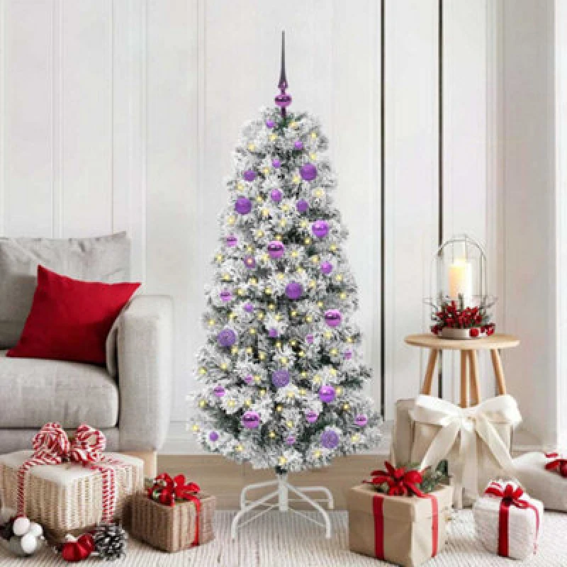 Image of vidaXL Artificial Hinged Christmas Tree with Lilac Balls Green and white 150 cm, Green 3395592