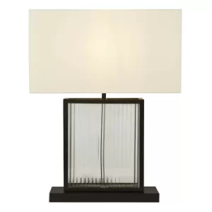 Image of Searchlight Clarendon 1 Light Table Lamp, Tempered Glass, Velvet Off White Shade Matt Black