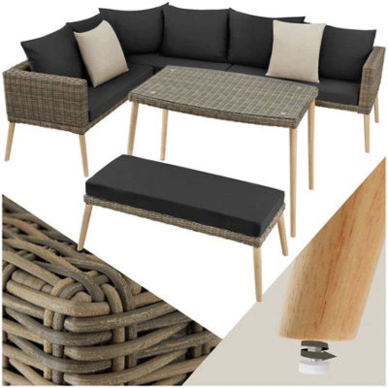 Image of Tectake Garden Furniture Set Pula - Outdoor Sofa Set With Table, Seating Bench, Thick Seat Cushions - Nature