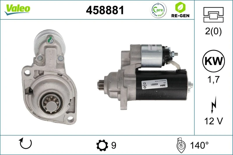 Image of VALEO 458881 Starter motor VALEO RE-GEN REMANUFACTURED 1,7kW, 12V, Number of Teeth: 9 Starter (2)