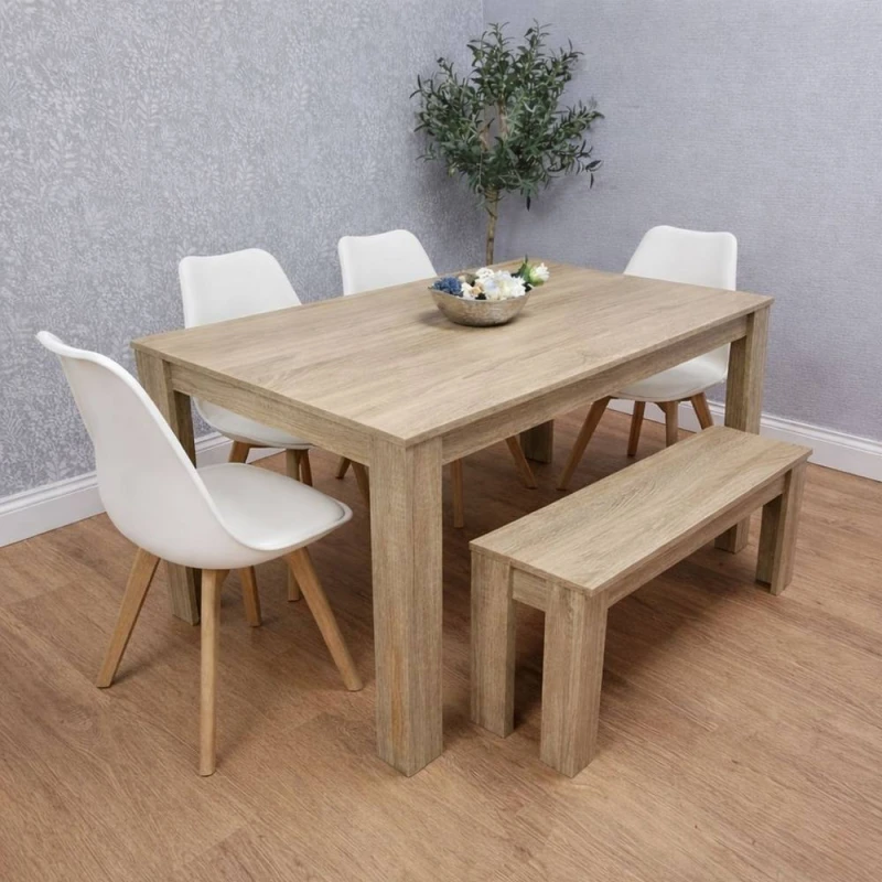 Image of KOSY KOALA Kosy Koala - Dining Table and 4 Chairs With Bench Oak Effect Wood 4 White Plastic Leather Chairs Dining Room Oak table 117 + 4 white tulip
