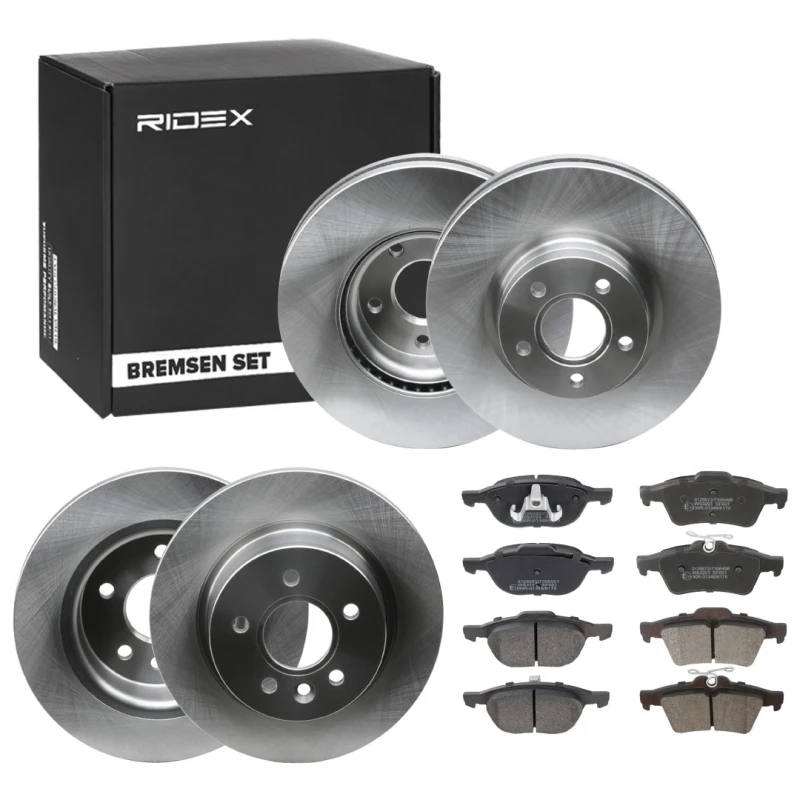 Image of RIDEX 3405B1726 Brake disc and pads set Rear Axle, Brake Disc Type: Solid, excl. wear warning contact, with anti-squeak plate Brake Set,disc brakes (