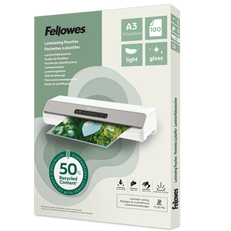 Image of Fellowes Fellowes Recycled Laminating Pouches 80 Micron A3 Gloss (Pack of 100) 100142988 100142988