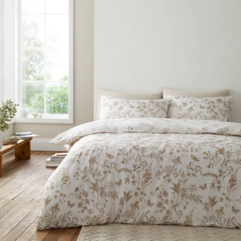 Image of Bianca Fine Linens Thea Floral 200 Thread Count Cotton Reversible Single Duvet Cover Set With Pillowcase Natural